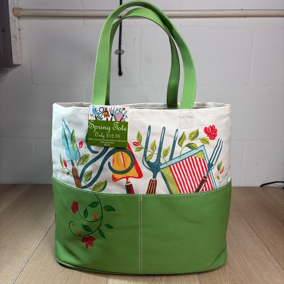 Barnes & Noble Handbags - Barnes & Noble Sarah Wilkins Spring Green Garden Canvas PWP Tote Bag Green Cream